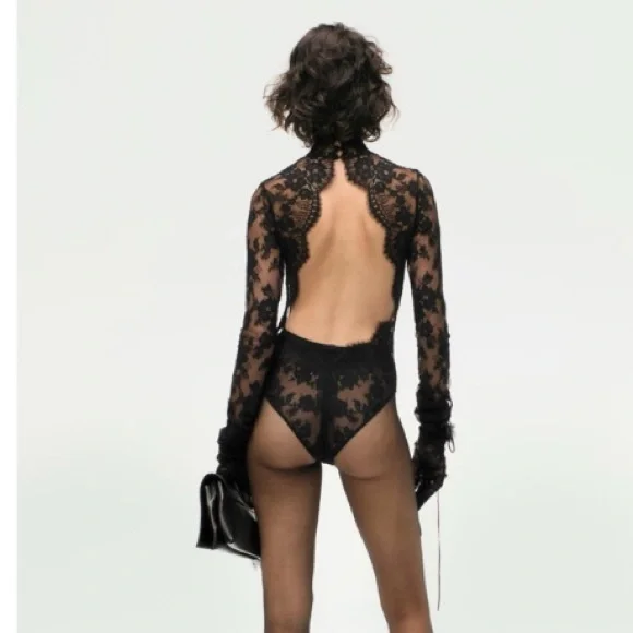 ZARA Floral Eyelash Black Lace Open Back Mock Neck Bodysuit - Picture 3 of 15